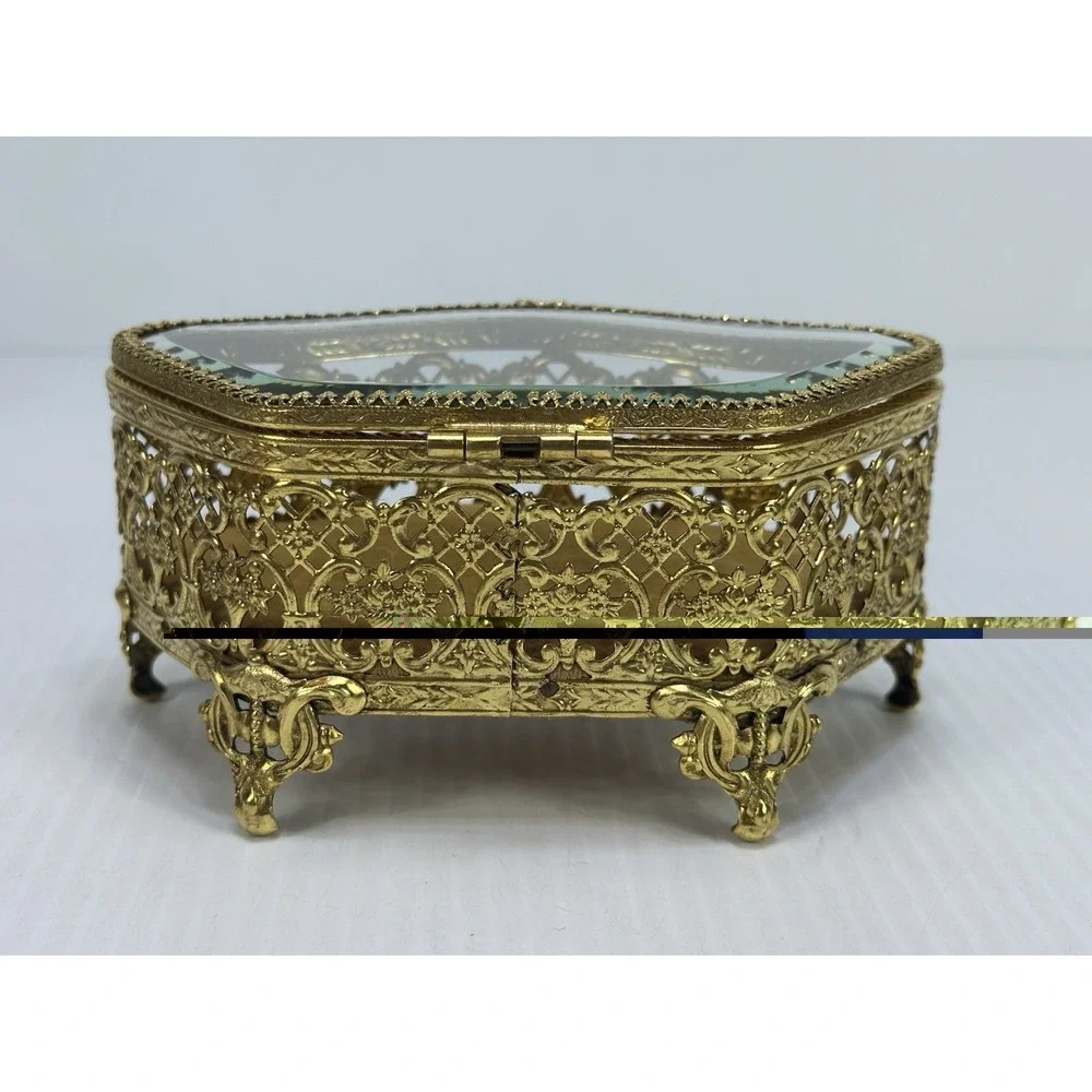 Vintage Jewelry Box Casket Filigree Ormolu Style Footed Hollywood Regency Glass